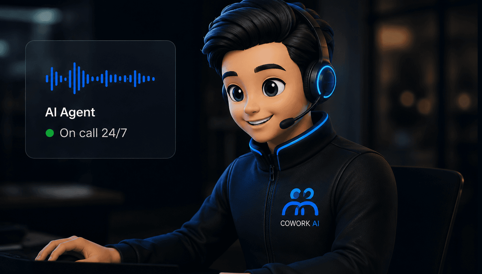 A Cowork AI agent taking a call, headset on, status showing 24/7